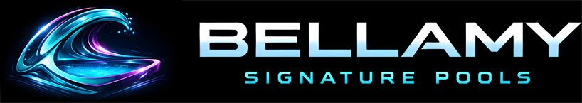 Logo for Bellamy Signature Pools featuring a stylized wave with glowing blue and purple accents next to the company name in bold, blue-gradient text on a black background.